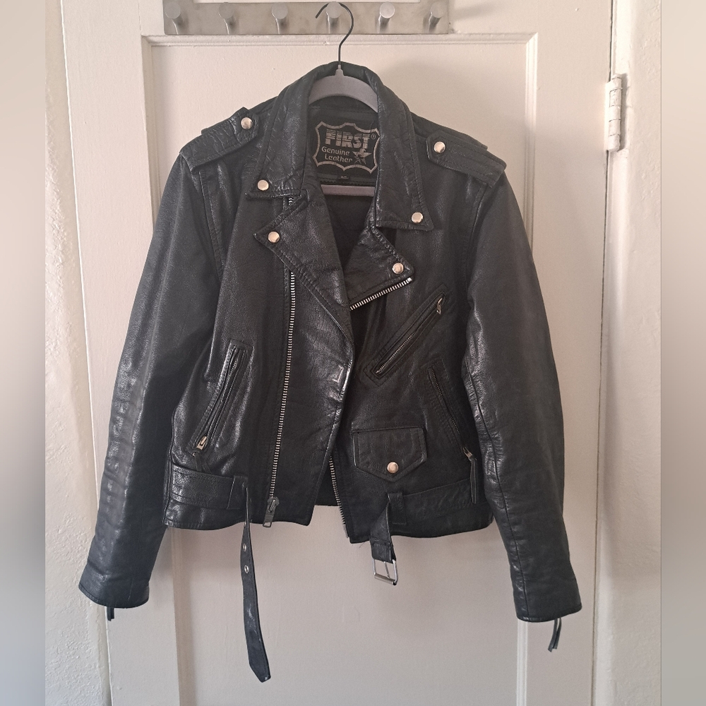 Vintage Black Leather Biker Jacket From First Genuine